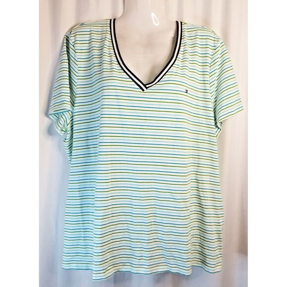 Tommy Hilfiger Women's Top Striped V-Neck Short Sleeve Classic Preppy SIZE XXL - Picture 1 of 6